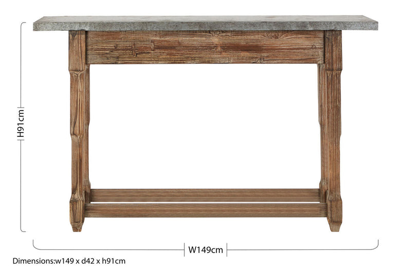 Grey Metal Top Console Table with Natural Carved Wooden Legs | Elementary