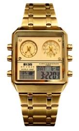 S135 Mens Chronograph Fashion Ana Digital Square Big Dated Gold Dial Gold Plated Bracelet Watch NY London