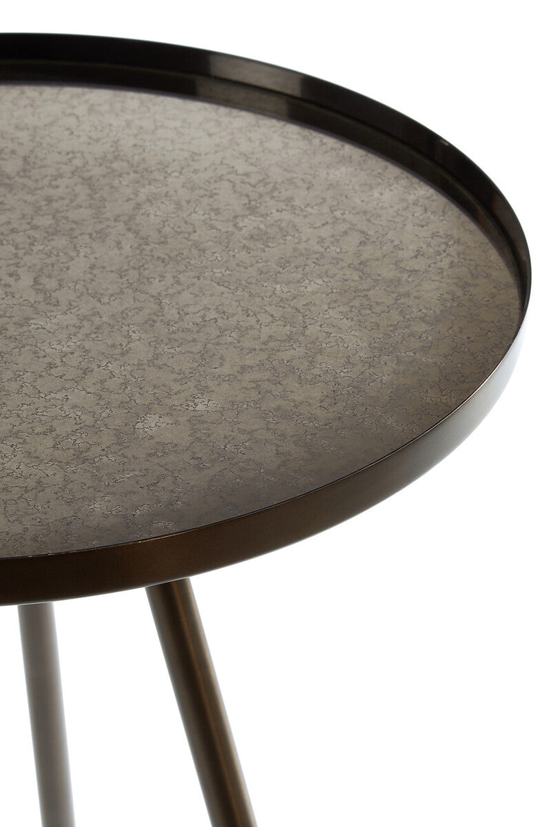 Black Finish Iron Metal Splayed Legs Side Table with Round Weathered Antique Glass Top | Corra