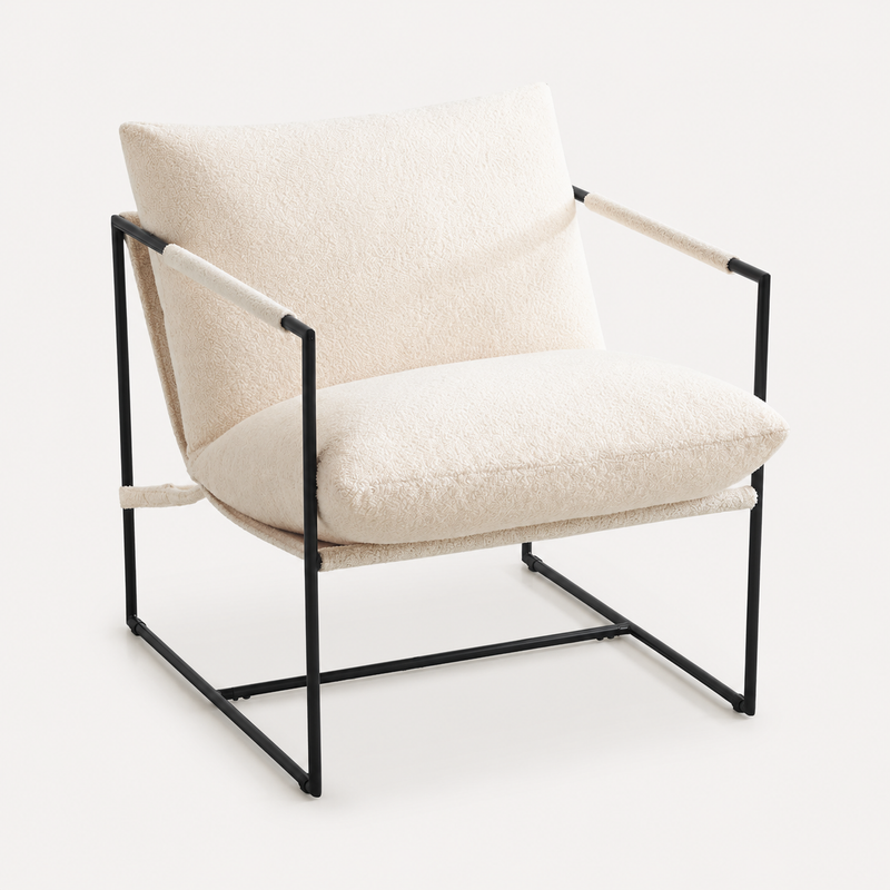 Danish Style Ivory Bouclé Lounge Chair with Black Metal Frame