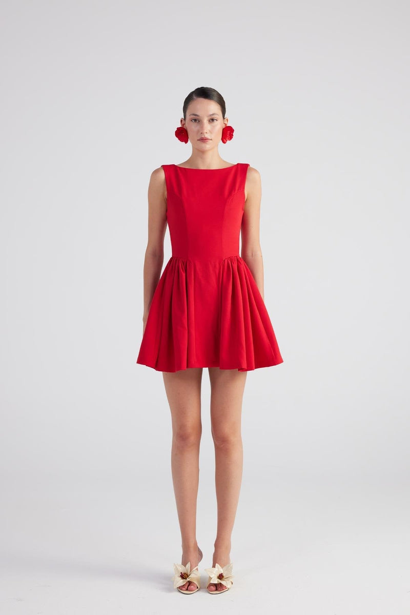 Alena Red Pleated Skirt Mini Dress
