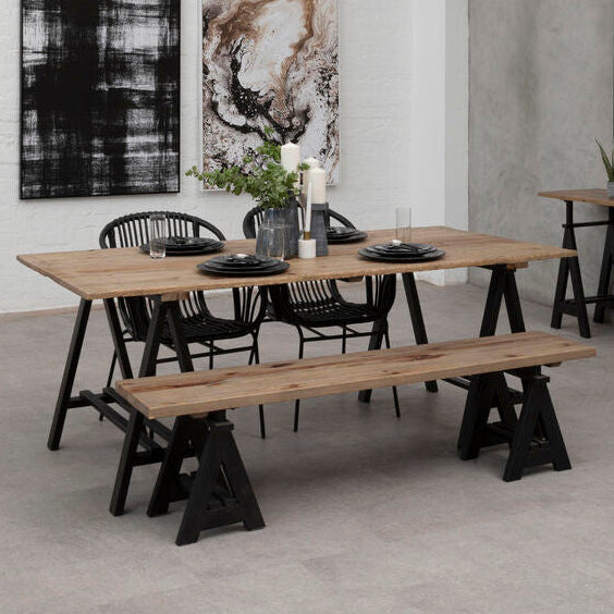 6 Seater Natural Pine Wood Dining Table with Black Iron A-Frame Legs, Hampstead
