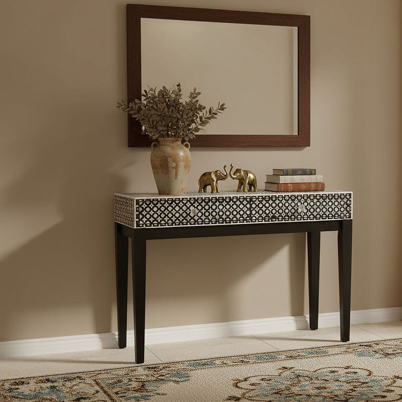 Black and White Mother of Pearl Inlay Wooden Console Table with 2 Drawers | Boho