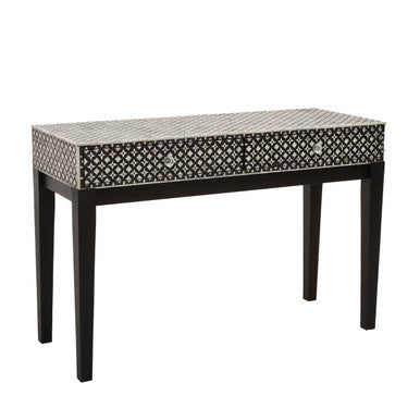 Black and White Mother of Pearl Inlay Wooden Console Table with 2 Drawers | Boho