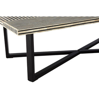 Black and White Buffalo Bone Inlay Top Coffee Table with Black Metal Lattice Base | Boho