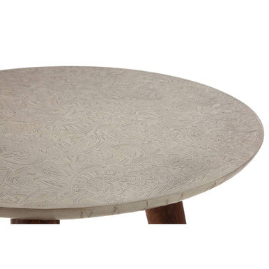 White Embossed Metal Top Side Table with Natural Tripod Wood Base | Boho