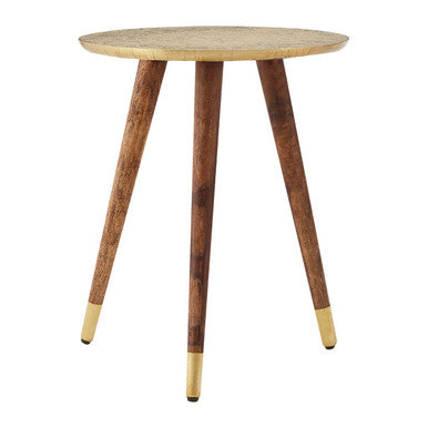 Gold Embossed Metal Top Side Table with Natural Tripod Wood Base | Boho