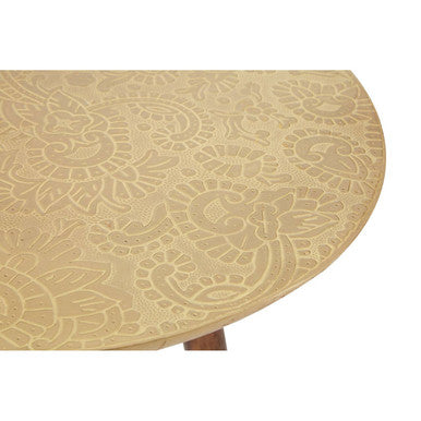 Gold Embossed Metal Top Side Table with Natural Tripod Wood Base | Boho
