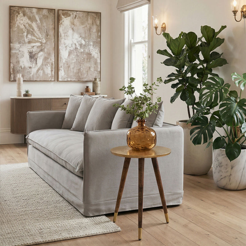 Gold Embossed Metal Top Side Table with Natural Tripod Wood Base | Boho