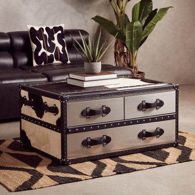 Black and White Cowhide Coffee Table with 3 Drawers and Leather Trim | Kensington Townhouse