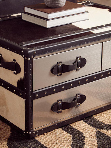 Black and White Cowhide Coffee Table with 3 Drawers and Leather Trim | Kensington Townhouse