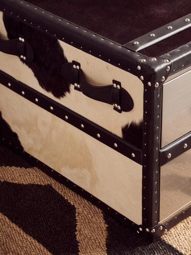 Black and White Cowhide Coffee Table with 3 Drawers and Leather Trim | Kensington Townhouse
