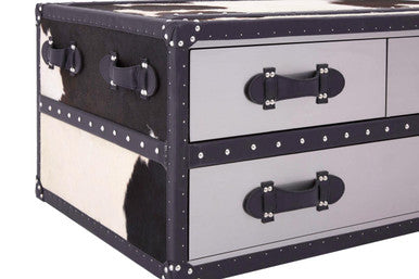 Black and White Cowhide Coffee Table with 3 Drawers and Leather Trim | Kensington Townhouse