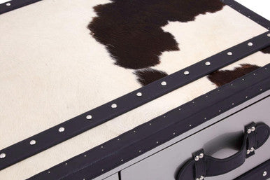 Black and White Cowhide Coffee Table with 3 Drawers and Leather Trim | Kensington Townhouse
