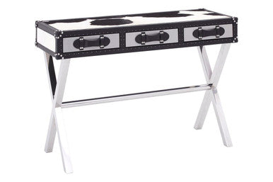 Black and White Cowhide Console Table with 3 Drawers and Leather Trim | Kensington Townhouse