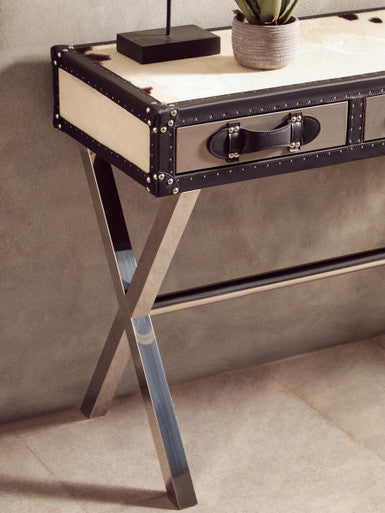 Black and White Cowhide Console Table with 3 Drawers and Leather Trim | Kensington Townhouse