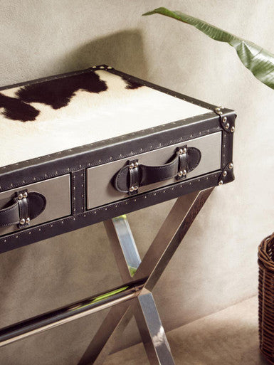 Black and White Cowhide Console Table with 3 Drawers and Leather Trim | Kensington Townhouse