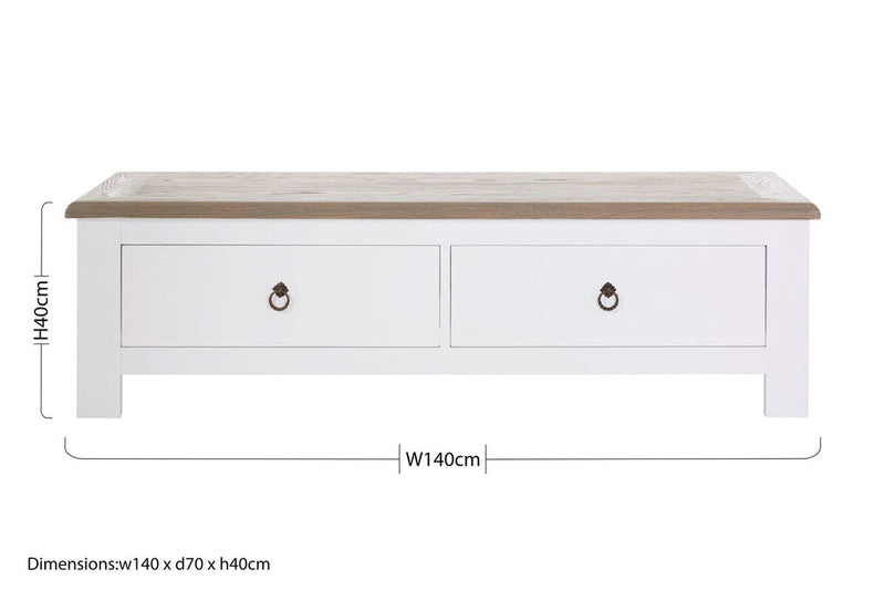 White Wooden Coffee Table with Natural Oak Top and 2 Storage Drawers | Hampstead