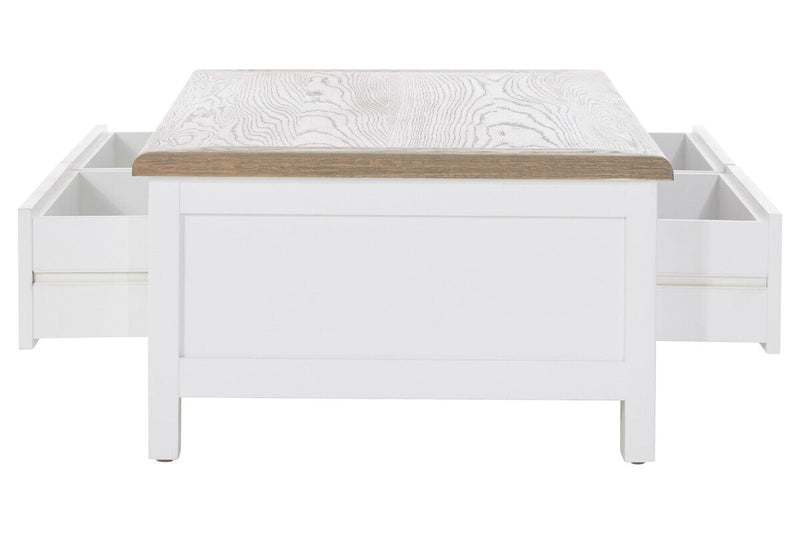 White Wooden Coffee Table with Natural Oak Top and 2 Storage Drawers | Hampstead