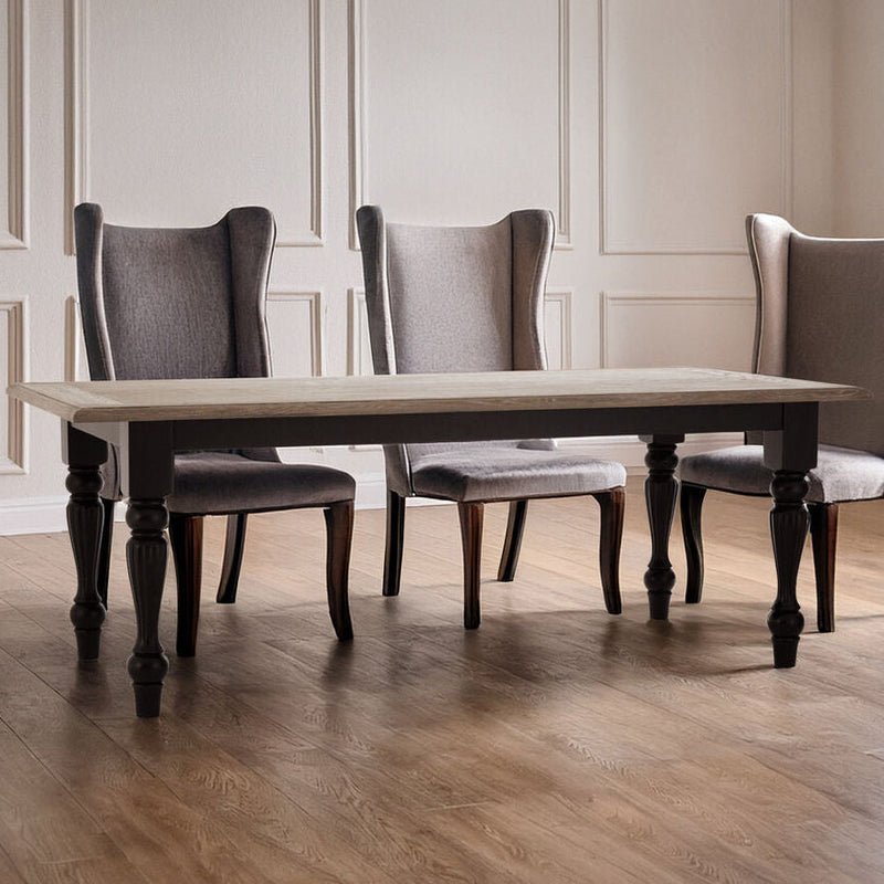 Natural Oak Veneer Wooden Dining Table with Black Carved Birchwood Legs | Kensington Townhouse