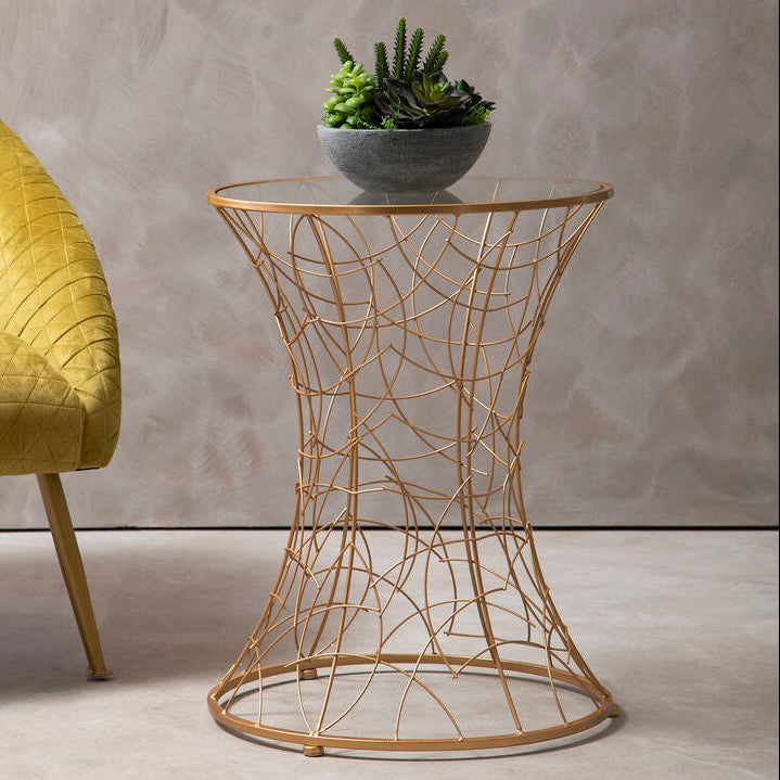 Concave Glass Top Round Table with Rose Gold Hourglass Frame | Lexa