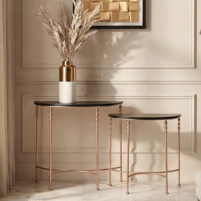 Set of 2 Matte Black MDF Tops Half Round Console Tables with Rose Gold Metal Legs, Lexa