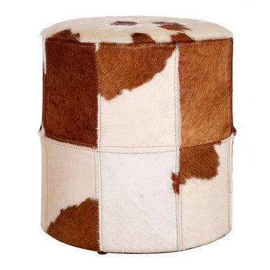 Brown and White Cowhide Hair on Leather Stool | Kensington Townhouse