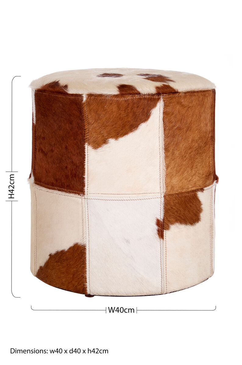 Brown and White Cowhide Hair on Leather Stool | Kensington Townhouse