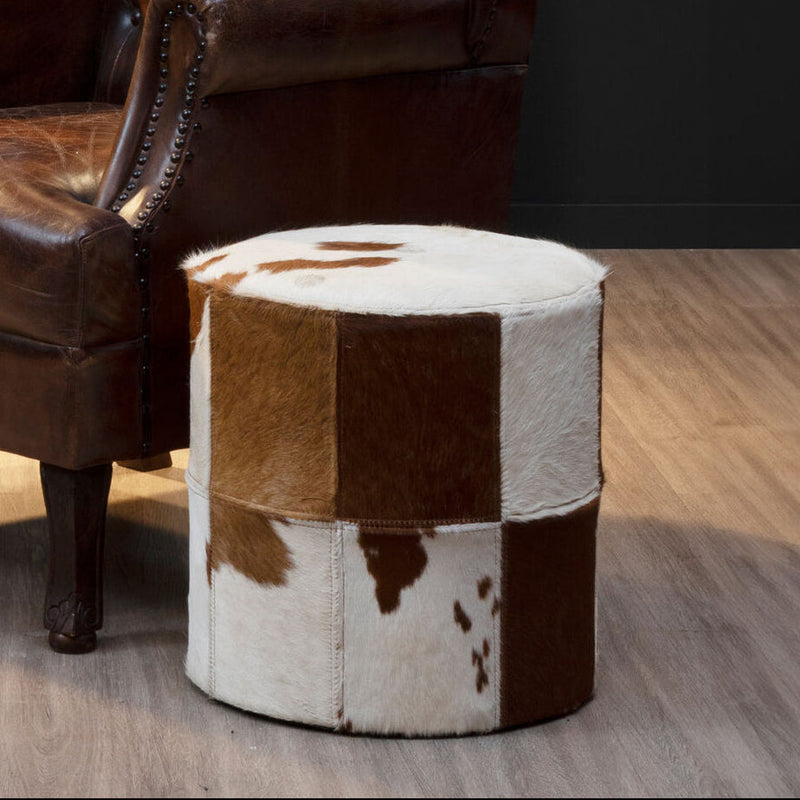 Brown and White Cowhide Hair on Leather Stool | Kensington Townhouse