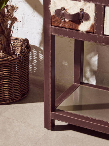Brown and White Cowhide 3-Drawer Console Table with Leather Trim | Kensington Townhouse