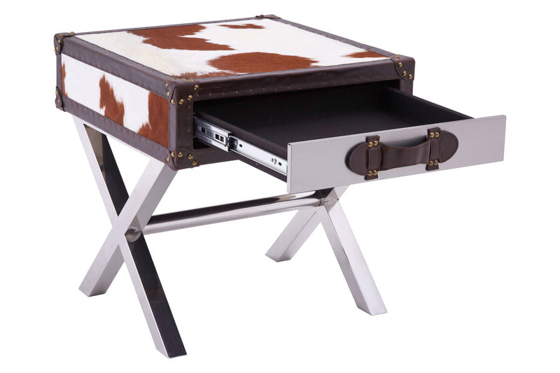 Brown and White Cowhide 1-Drawer Bedside Table with Leather Handle | Kensington Townhouse