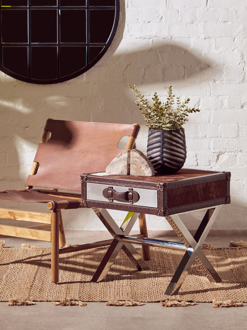 Brown and White Cowhide 1-Drawer Bedside Table with Leather Handle | Kensington Townhouse