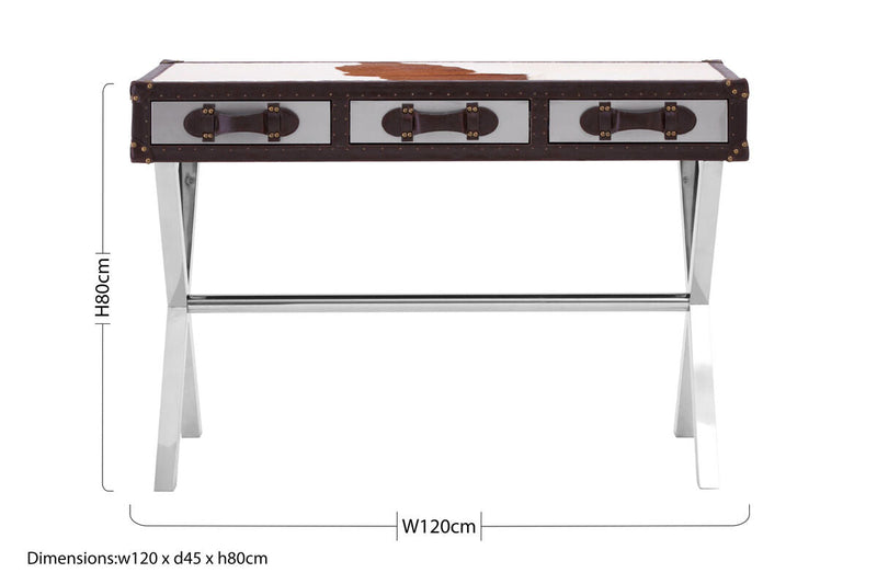 Brown and White Genuine Cowhide 3-Drawer Console Table with Crossed Stainless Steel Legs | Kensington Townhouse