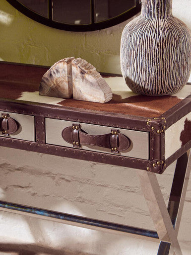 Brown and White Genuine Cowhide 3-Drawer Console Table with Crossed Stainless Steel Legs | Kensington Townhouse
