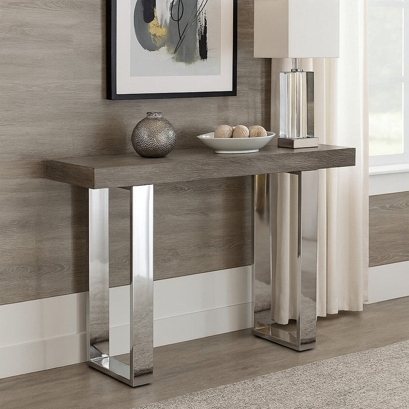 Grey Elm Wood Console Table with Stainless Steel U-Shape Legs, Ulmus