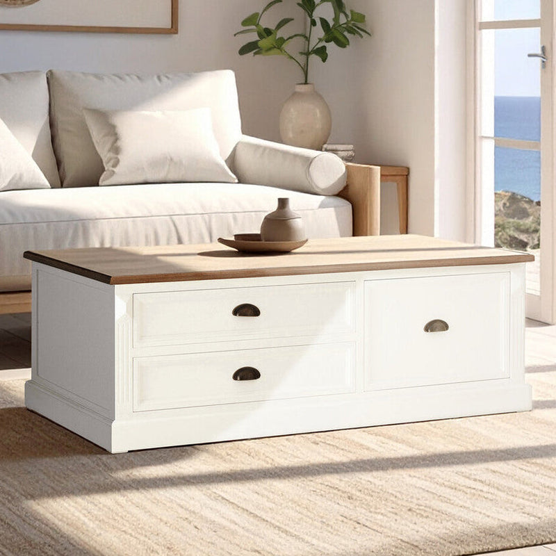 Fir Wood Veneer Top and White Wooden Coffee Table with 3 Drawers | Hardwick
