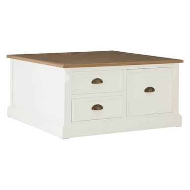 Fir Wood Veneer Top and White Wooden Square Coffee Table with 3 Drawers | Hardwick