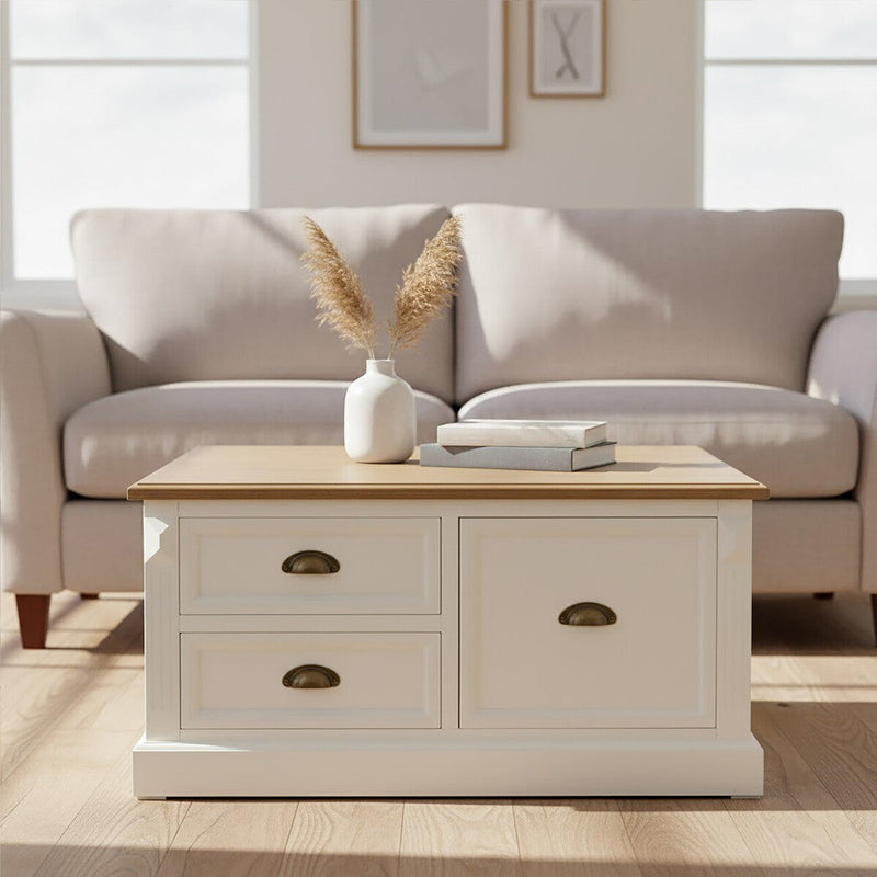 Fir Wood Veneer Top and White Wooden Square Coffee Table with 3 Drawers | Hardwick