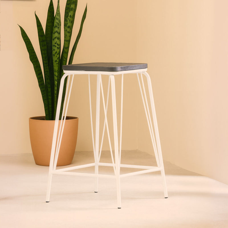 White Metal and Elm Wood Stool | District