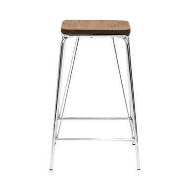 Chrome Metal and Elm Wood Square Bar Stool | District