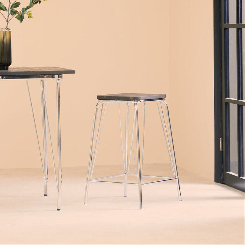 Chrome Metal and Elm Wood Square Bar Stool | District