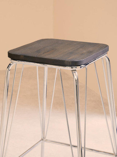 Chrome Metal and Elm Wood Square Bar Stool | District