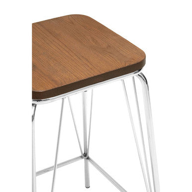 Chrome Metal and Elm Wood Square Bar Stool | District
