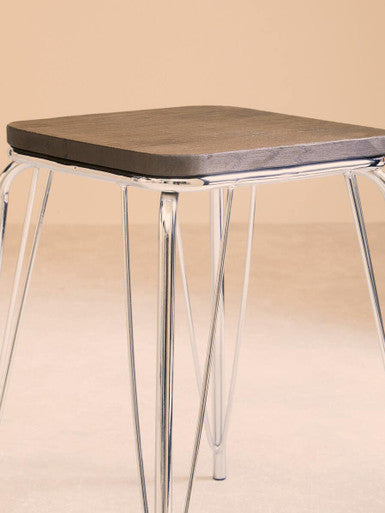 Chrome Metal and Elm Small Wood Stool | District