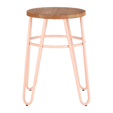 Pink Metal and Elm Wood Hairpin Stool | District