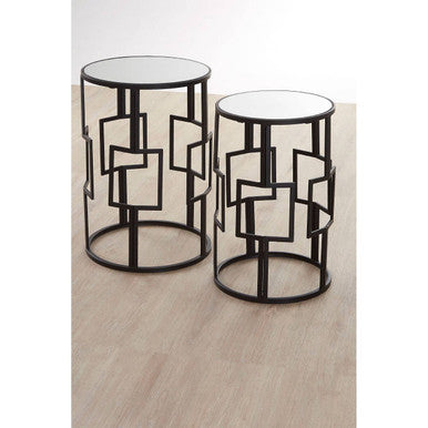 Set of 2 Black Square Metal Frames Nesting Tables with Mirrored Tops | Avantis