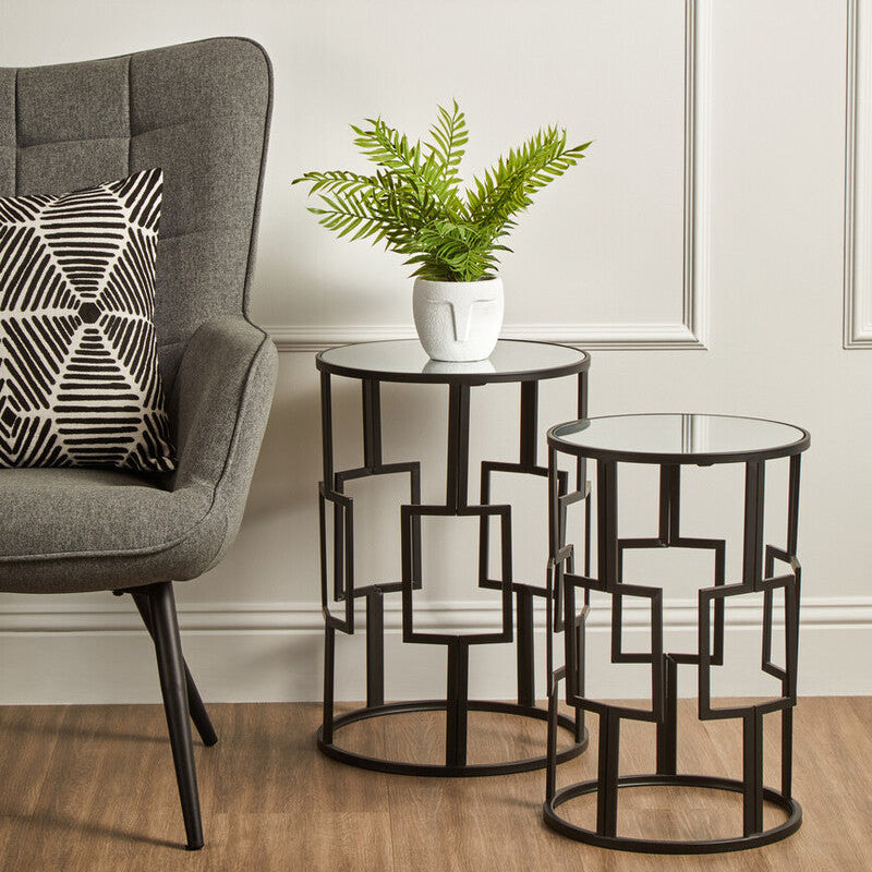 Set of 2 Black Square Metal Frames Nesting Tables with Mirrored Tops | Avantis