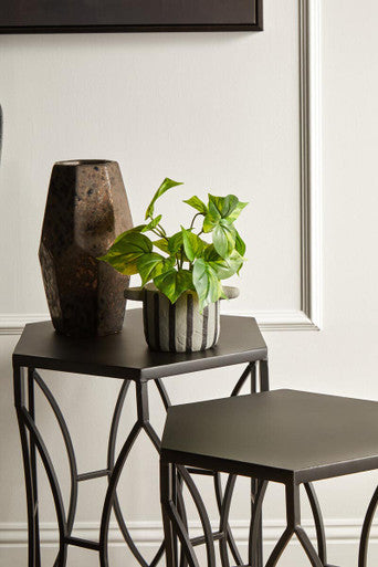 Set of 2 Black Metal Hexagon Top Side Tables with Geometric Industrial Frame | Avantis