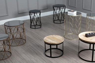 Set of 2 Black Metal Hexagon Top Side Tables with Geometric Industrial Frame | Avantis