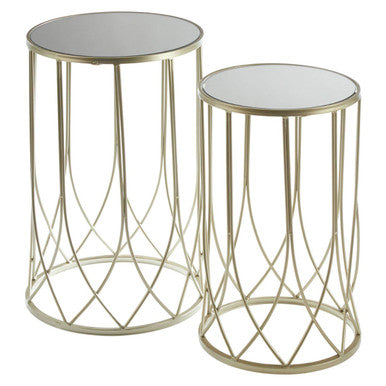 Set of 2 Champagne Gold Mirror Top Side Tables with Metal Bases | Avantis